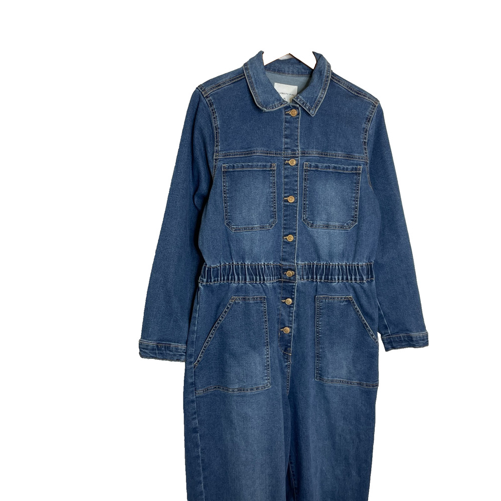 Women's XL Celebrity Pink Denim Cotton Blend Button Jumpsuit Coveralls - Picture 2 of 4